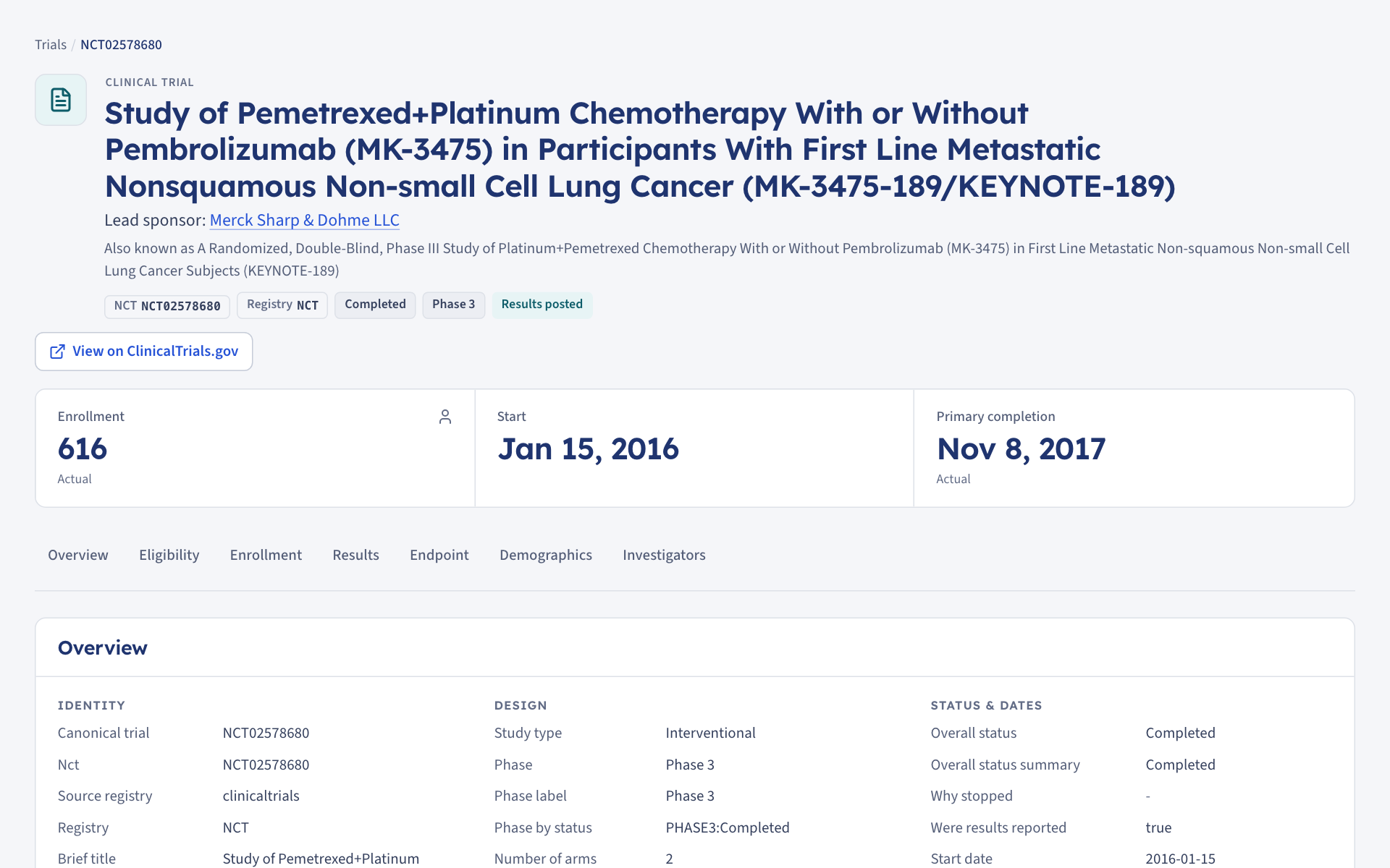 A clinical trial page: title, lead sponsor, phase and status chips, enrollment and date figures, and an overview table