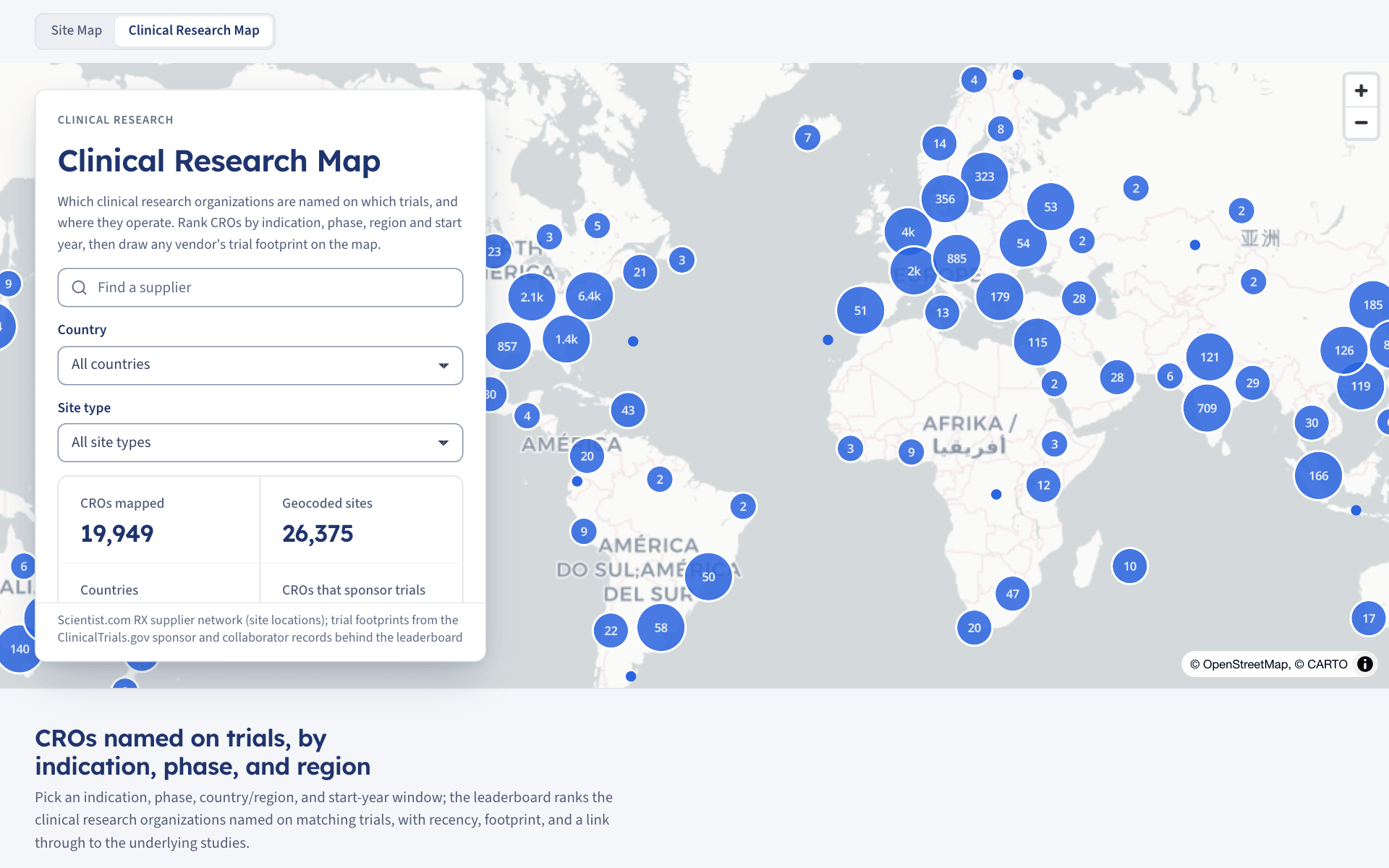 The Clinical Research Map: a world map of clustered research sites beside filters for supplier, country and site type, with counts of CROs mapped and sites geocoded