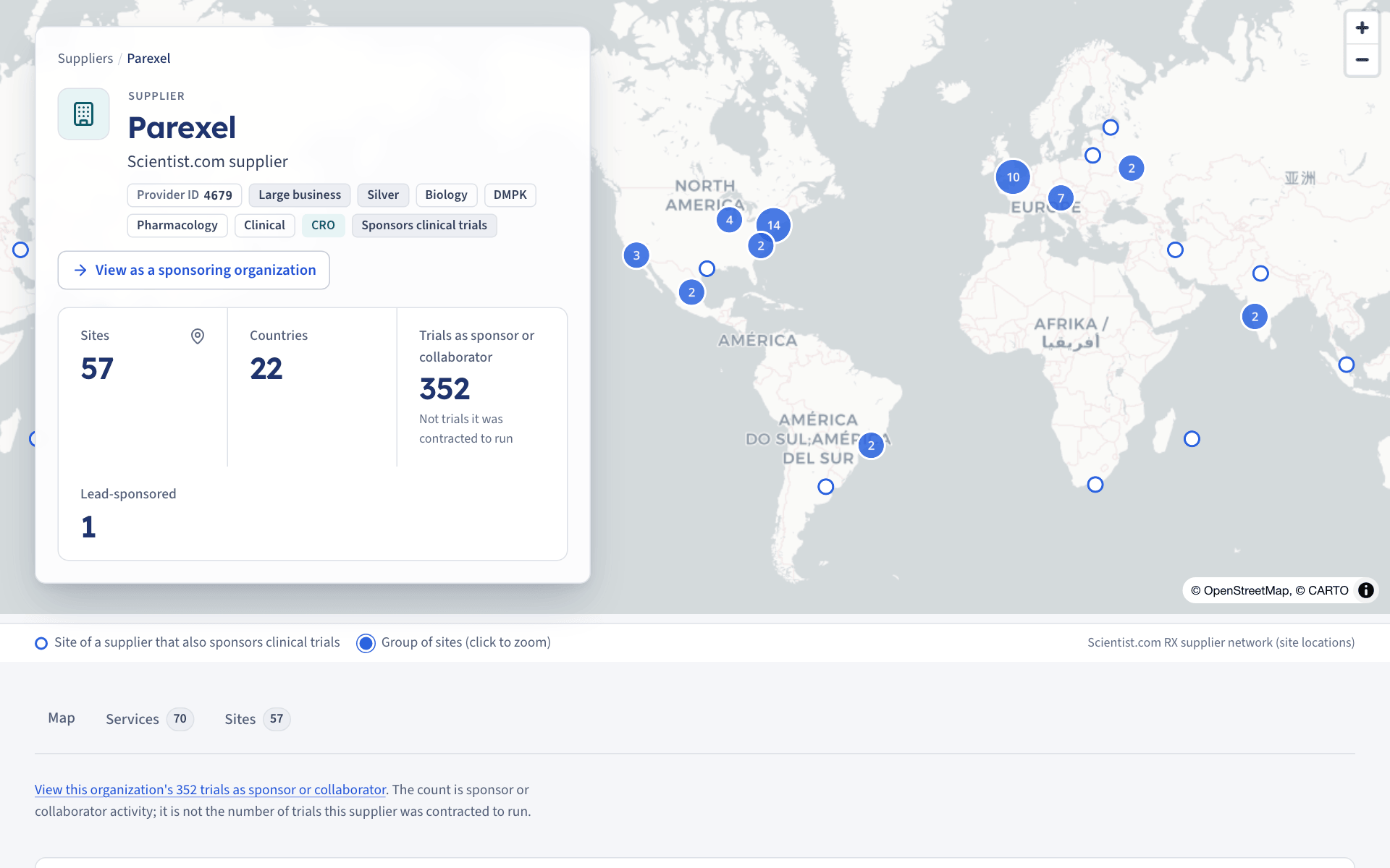 A supplier page for one contract research organization: its roles, site, country and trial-sponsor counts beside a world map of its site locations